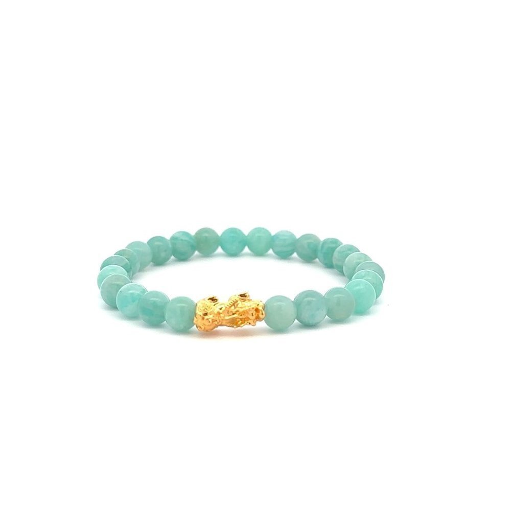 18K Gold Piyao Pixiu Dragon Lucky Charm Bracelet Gemstones Amazonite Peru 6mm